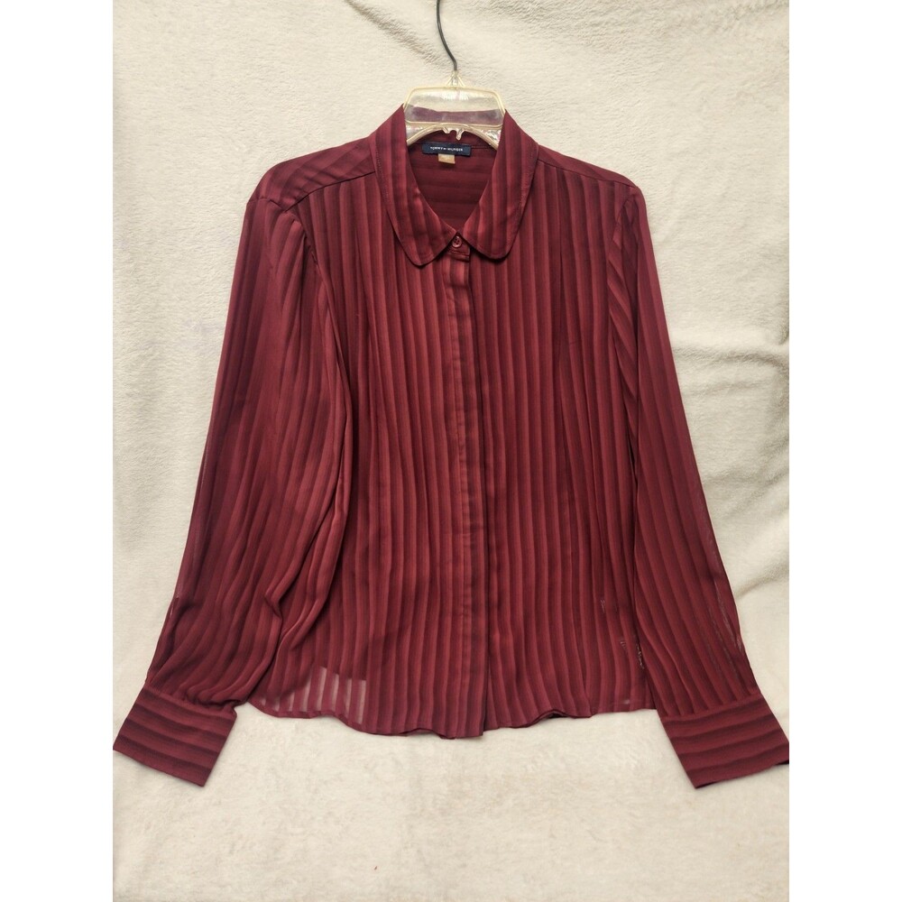 Tommy Hilfiger Classic Button Down Shirt Maroon Sheer Chiffon Top